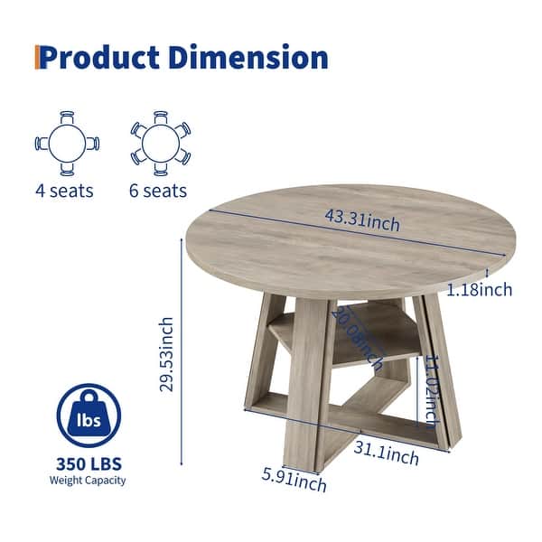 dimension image slide 4 of 6, Farmhouse 43" Round Dining Table with Sturdy Wooden Pedestal, Built-in Storage Shelf