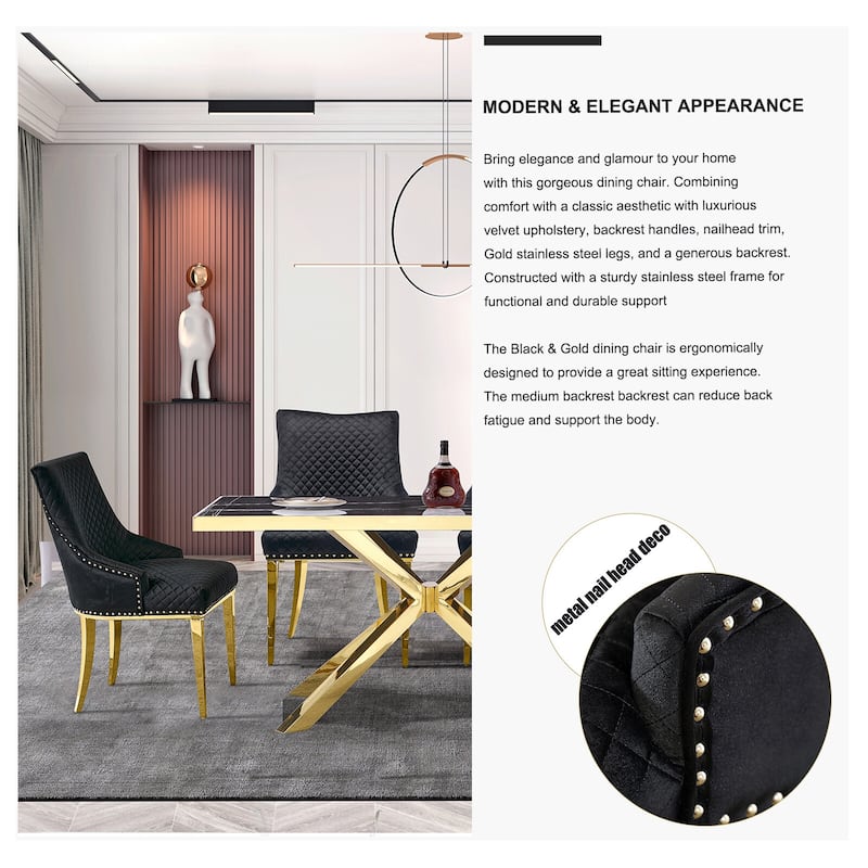 Luxury Black Velvet Dining Chairs with Polished Gold Metal Legs