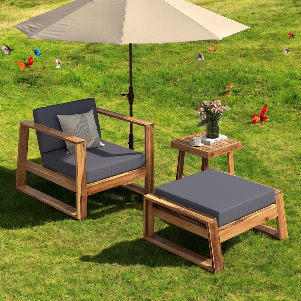 3-Piece Acacia Wood Outdoor Lounge Set with Cushions, Ottoman & Side Table - Patio Set for Gardens, Balconies, and Poolsides