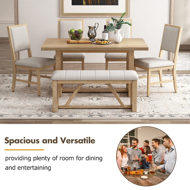 60" Wood Rectangular Kitchen Table, 6-Piece Dining Table Set with 4 Upholstered Chairs & Bench, for Kitchen & Dining Room
