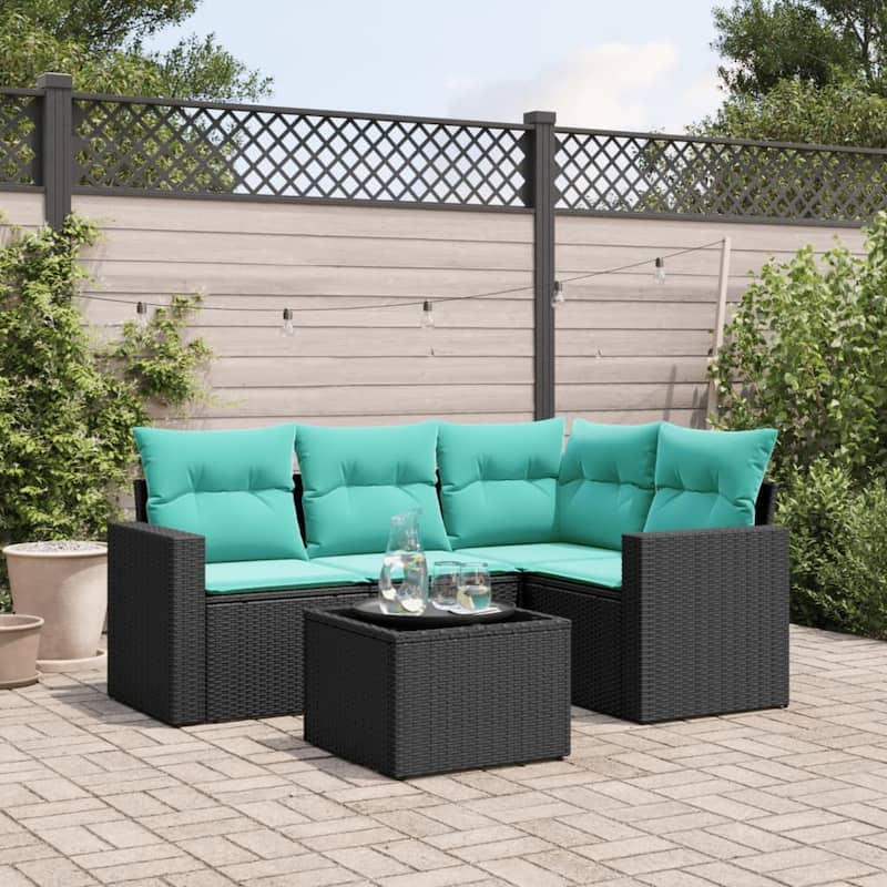 vidaXL Patio Sofa Set with Cushions Outdoor Conversation Furniture Poly Rattan - 25.8" x 24.4" x 27.2" - Black and blue with table