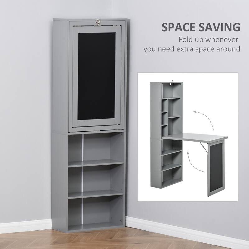 Modern Fold out Convertible Writing Table Wall Mount Desk with Blackboard Shelf and Built In Storage for Small Home Office Room