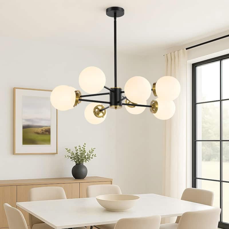 GetLedel 8-Light Dimmable Sputnik Chandelier with Glass Globe Shades - Black Finish with Opal Glass Shades