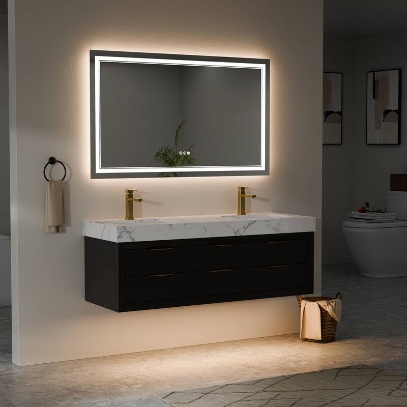 60" Wall-Mount Double Vanity with LED Light. - 60 inch