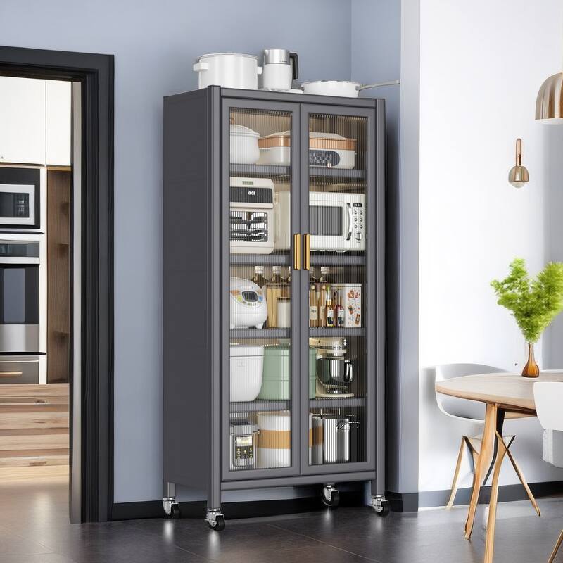 Open-Door Kitchen Storage Cabinet with Brakes and Alloy Universal Wheels, Microwave Oven Storage Cabinet Bowl Side