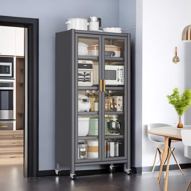 Open-door kitchen shelving Floor-to-ceiling multilevel household microwave storage cabinet bowls side cabinets cabinets - Grey