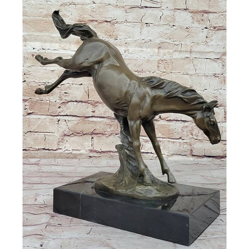Jumping Wild Imitative Horse Mustang Stallion Bronze Sculpture Statue On Marble Base