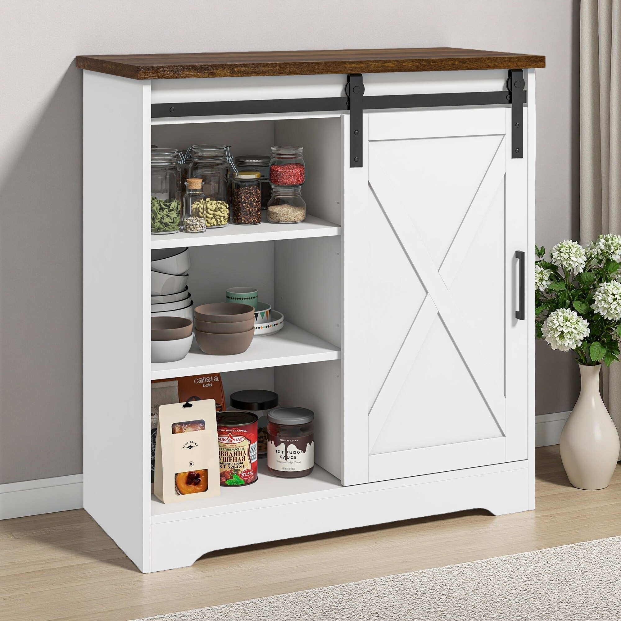33" Farmhouse Coffee Bar Cabinet with Sliding Barn Door