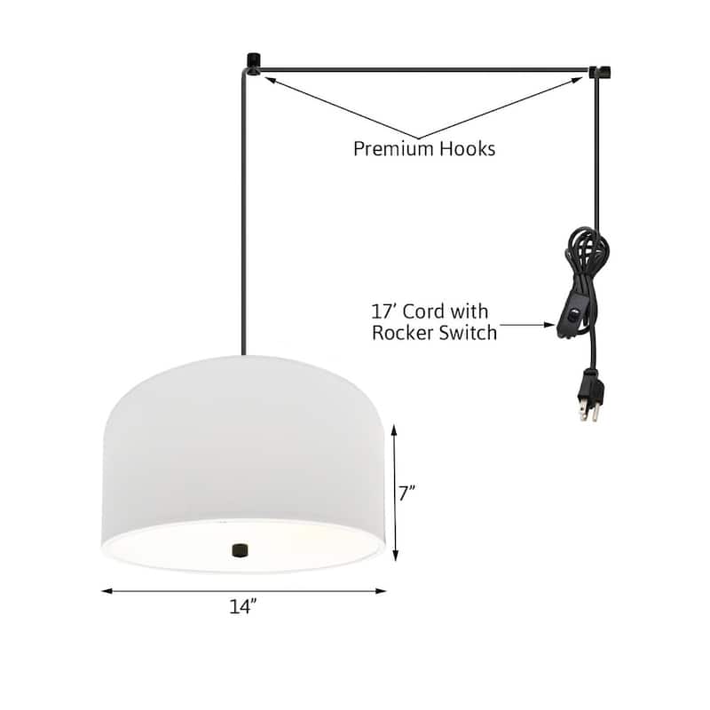 2 Light Swag Plug-In Pendant 14"w White Shade with Diffuser, Black Cord - N/A