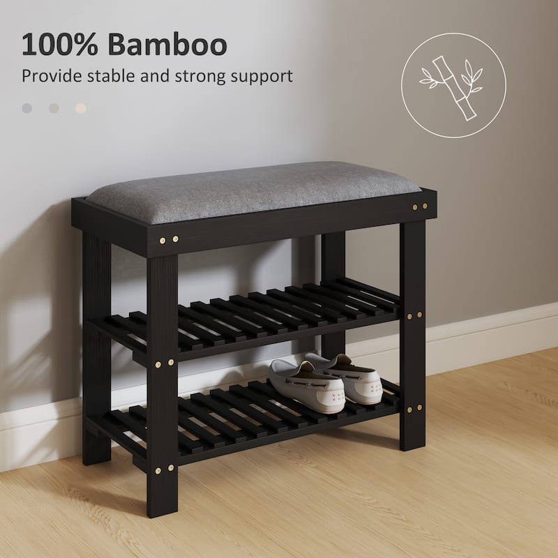 HOMCOM Bamboo Shoe Bench, 3-Tier Entryway Bench with Storage and Cushion, Shoe Organizer for Entryway, Hallway