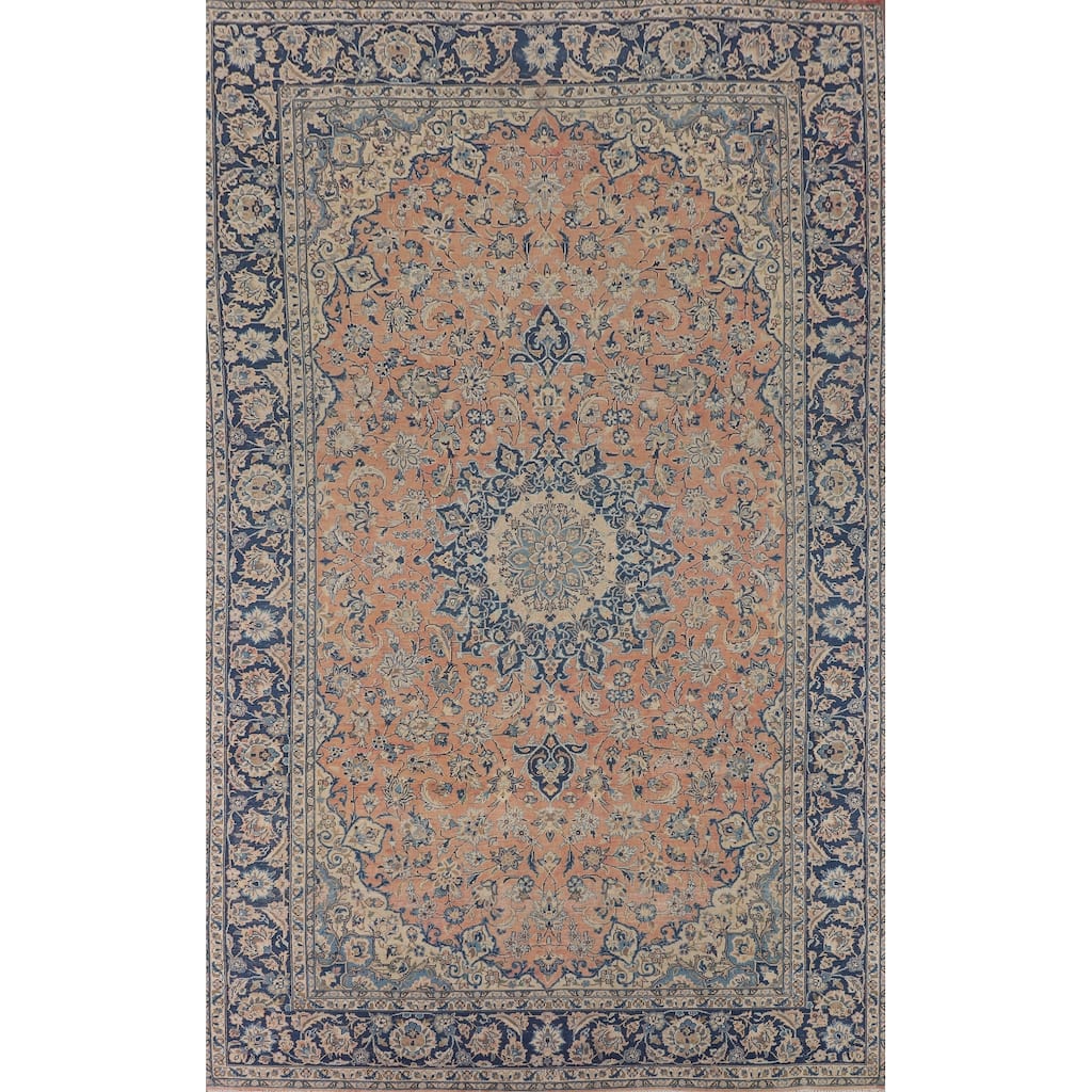 Traditional Orange Kashan Persian Vintage Rug Hand-Knotted Wool Carpet - 8'3"x 13'0"