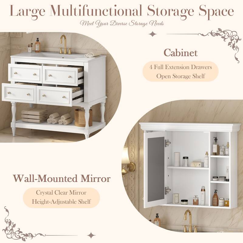 36"" Bathroom Vanity with Ceramic Sink and Medicine Cabinet, 4 Drawers, Storage Shelf, Solid Wood Frame,Bathroom Cabinet Set