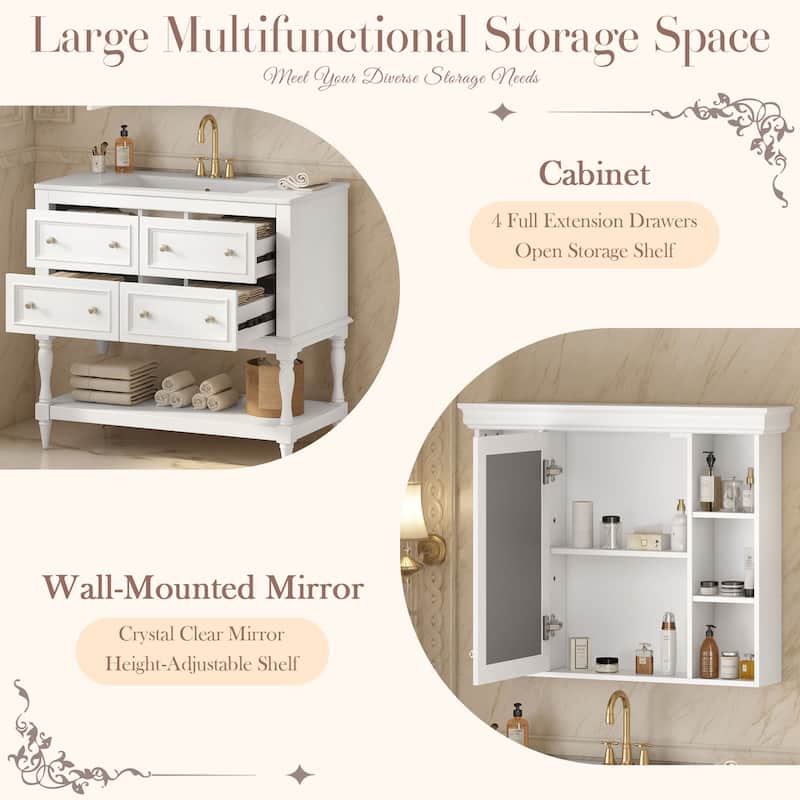 36 Inch Bathroom Vanity Combo with Ceramic Sink and Mirror Cabinet, Modern Storage Cabinet with 4 Drawers