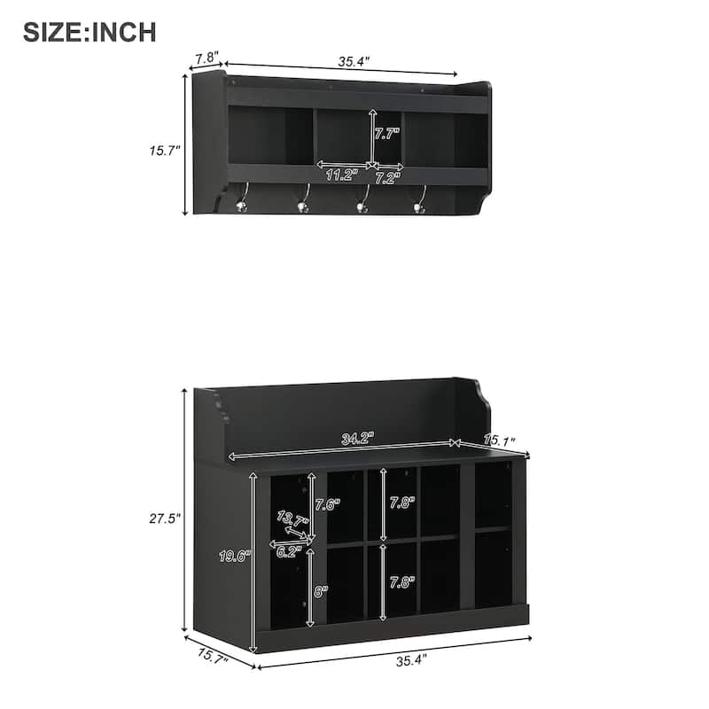 Shoe Storage Bench with Shelves & 4 Hooks - Wall Mounted Hall Tree