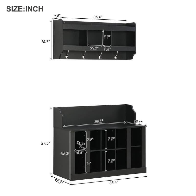 Shoe Storage Bench with Shelves and 4 Hooks, Elegant Entryway Bench with Wall Mounted Coat Rack for Foyer Hallway