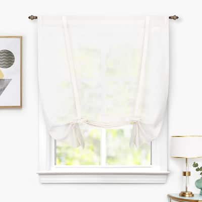 DriftAway Solid Linen Blend Sheer Voile Tie Up Decorative Adjustable Balloon Rod Pocket Curtains for Small Window