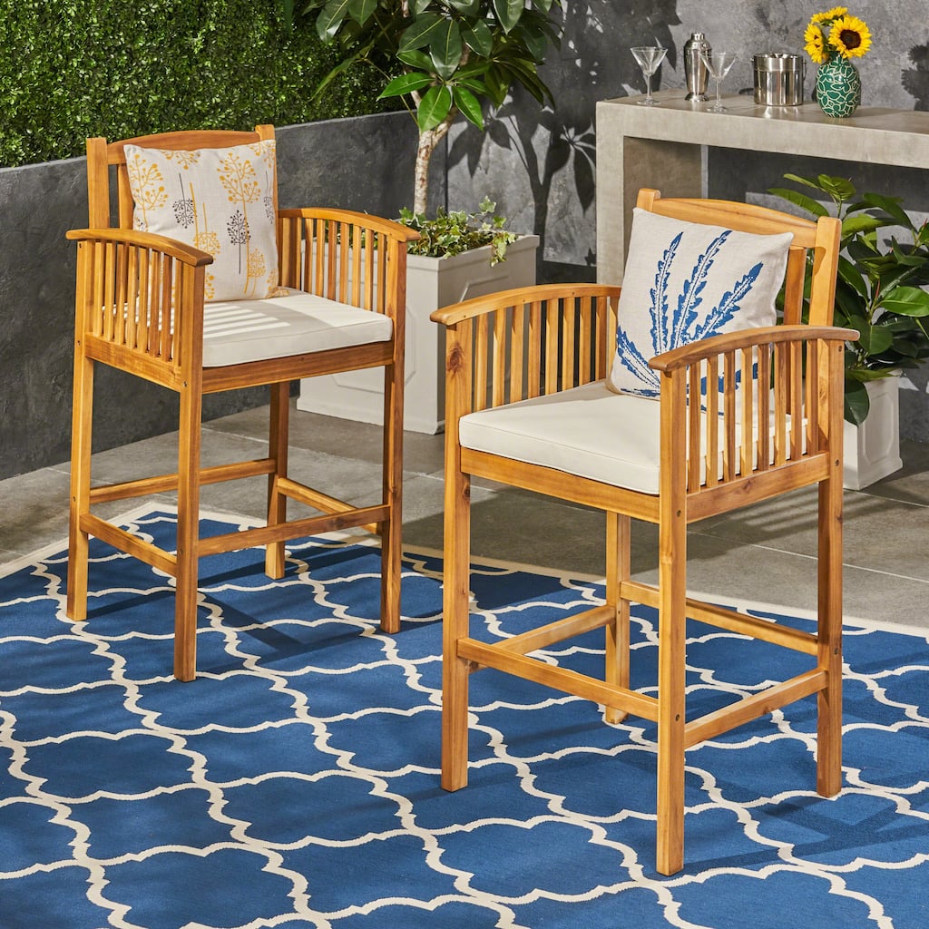 Roomfitters 2-Piece Outdoor Acacia Wood Bar Stools, Slat Back Patio High Dining Chairs with Cushions & Armrests, Beige+Natural