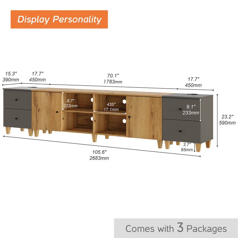 WAMPAT Wood TV Stand with Drawer & Charging Station for 100 Inches TVs