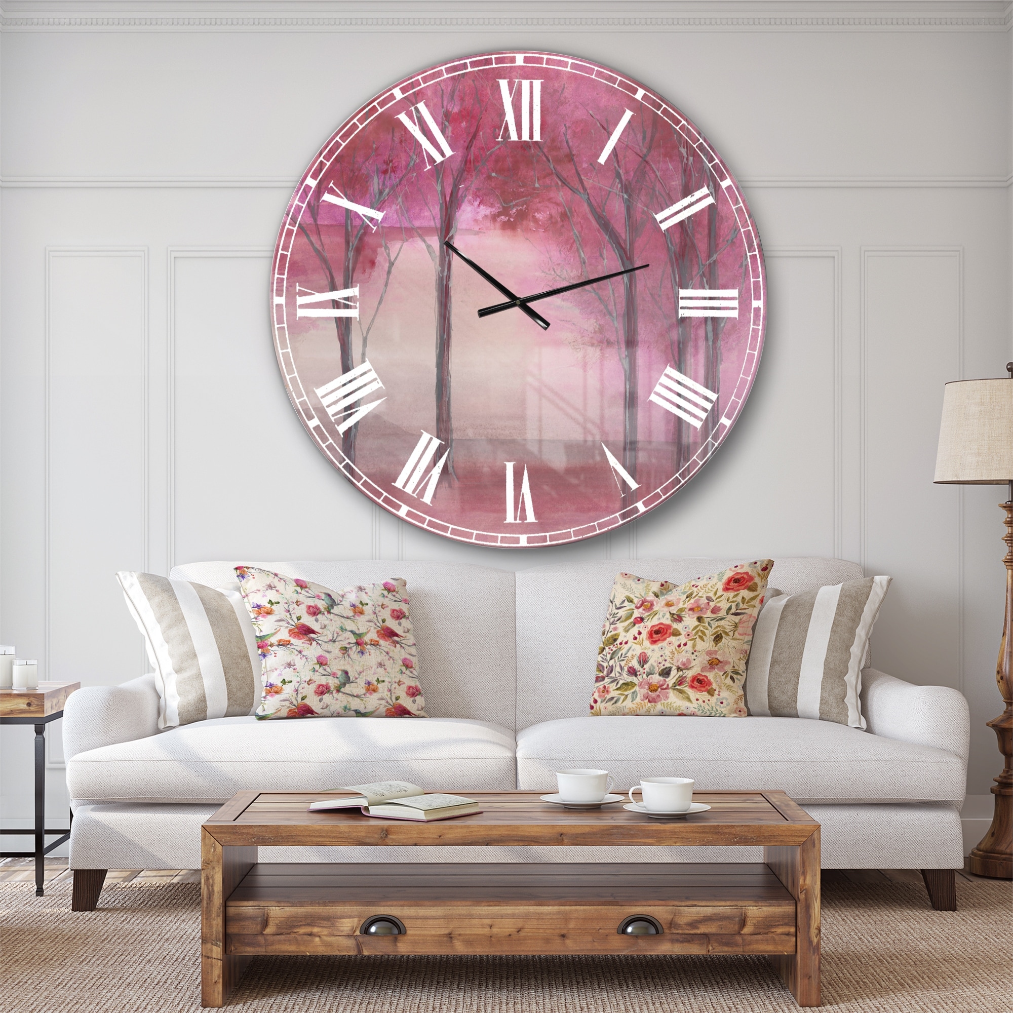 Designart 'Pink Forest' Traditional Landscape Large Wall CLock