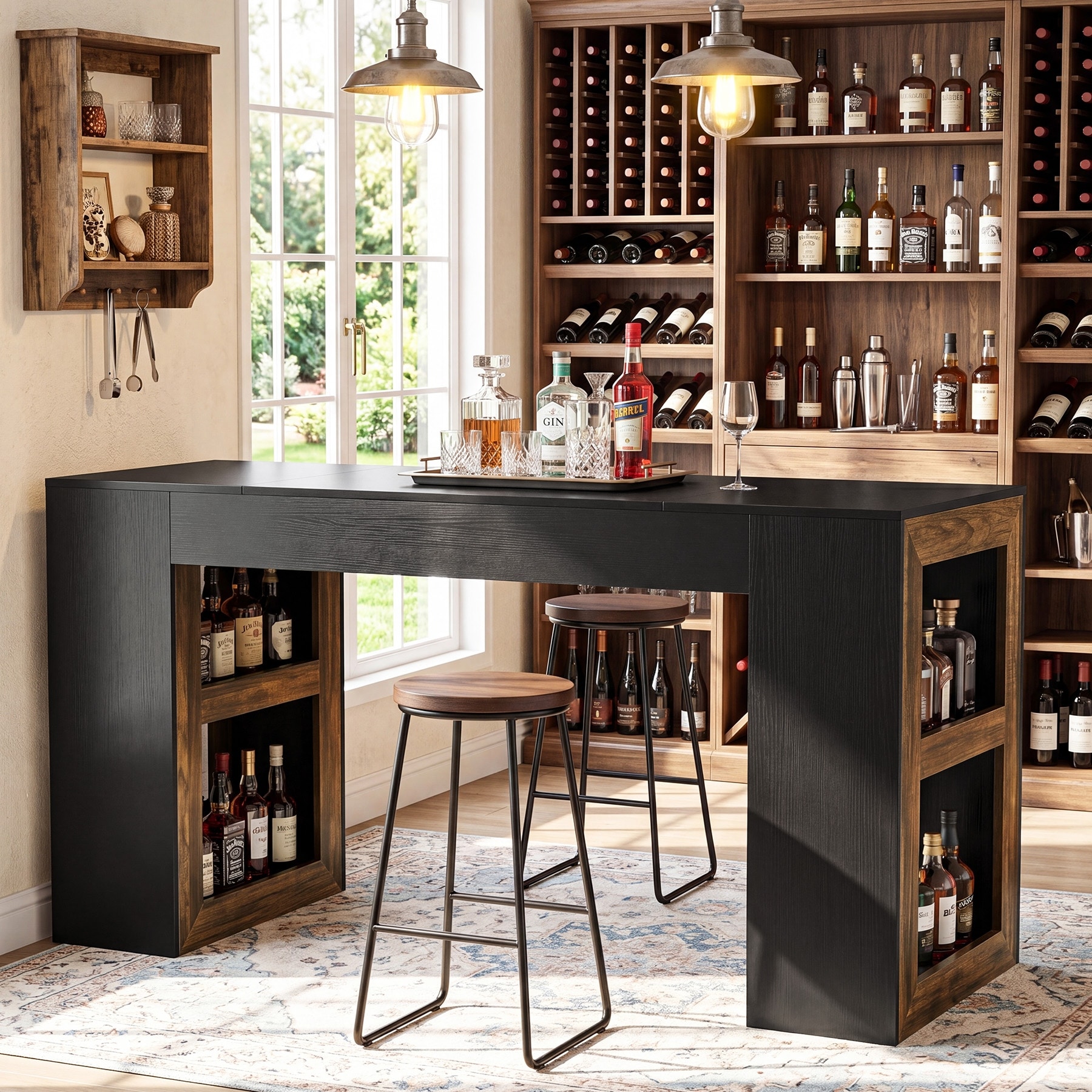 63 Inch Rustic Counter Height Bar Table, Rectangular Home Bar Unit
