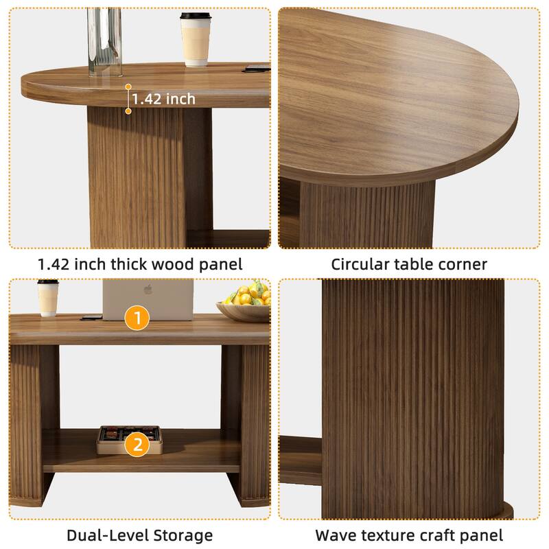 47" Oval Fluted Farmhouse Wood Coffee Table, Mid-Century 2-Tier with Storage, Walnut