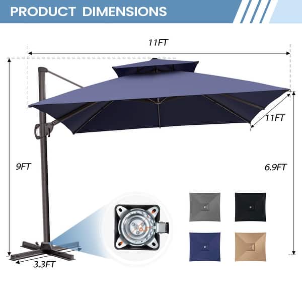 dimension image slide 4 of 9, 11 x 11 FT Outdoor Square Patio Cantilever Offset Umbrella with Crank and 360 Degrees Rotation