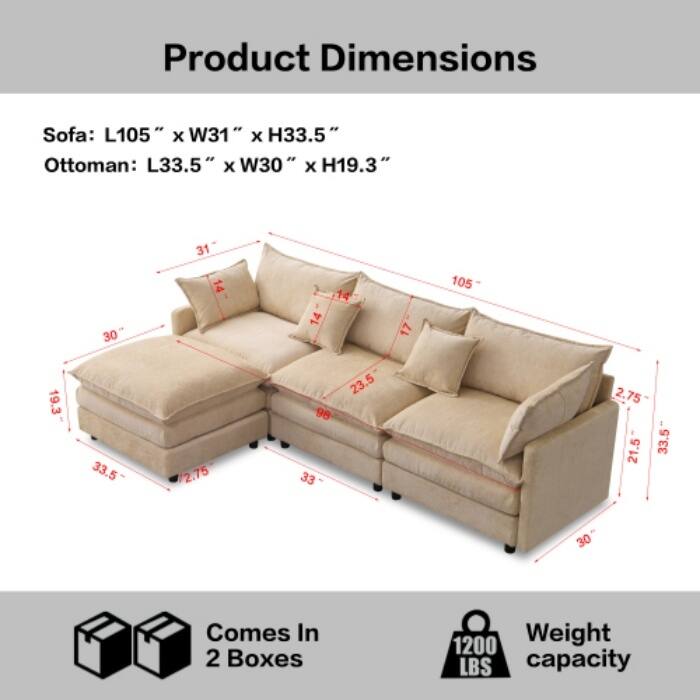 105" Modular Sectional Sofa with Ottoman, Upholstered Chenille Fabric 3-Seater