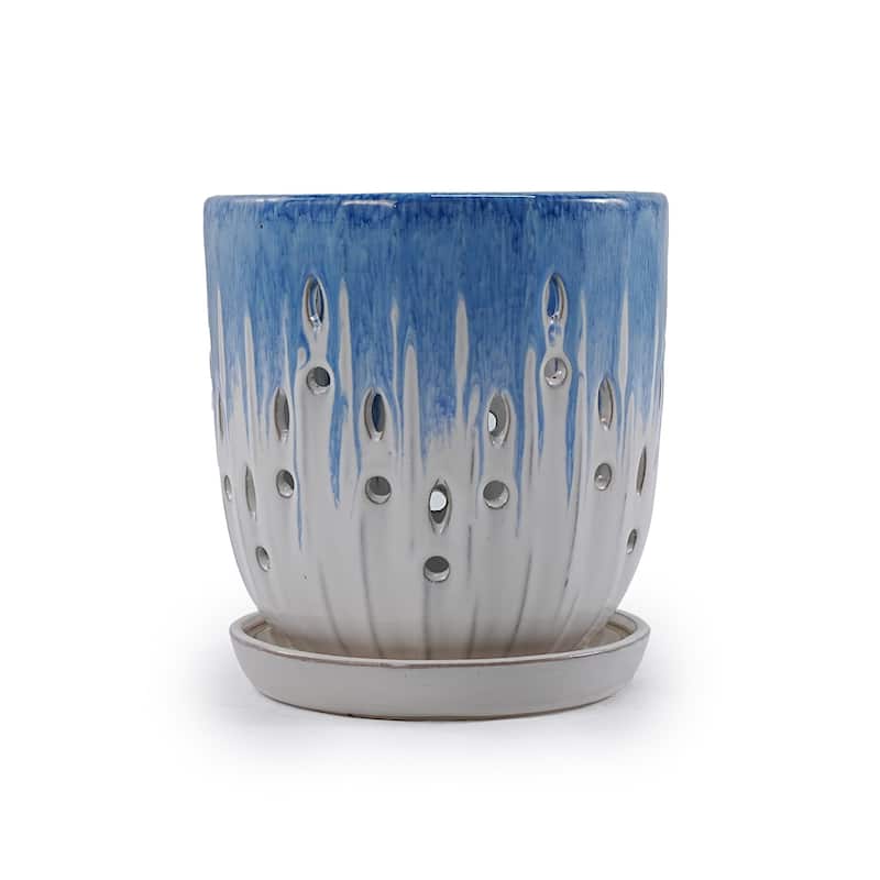 Coastal Blue & White Ceramic Planter Set of 2 - 7.5" Square Striped Plant Pots with Drainage