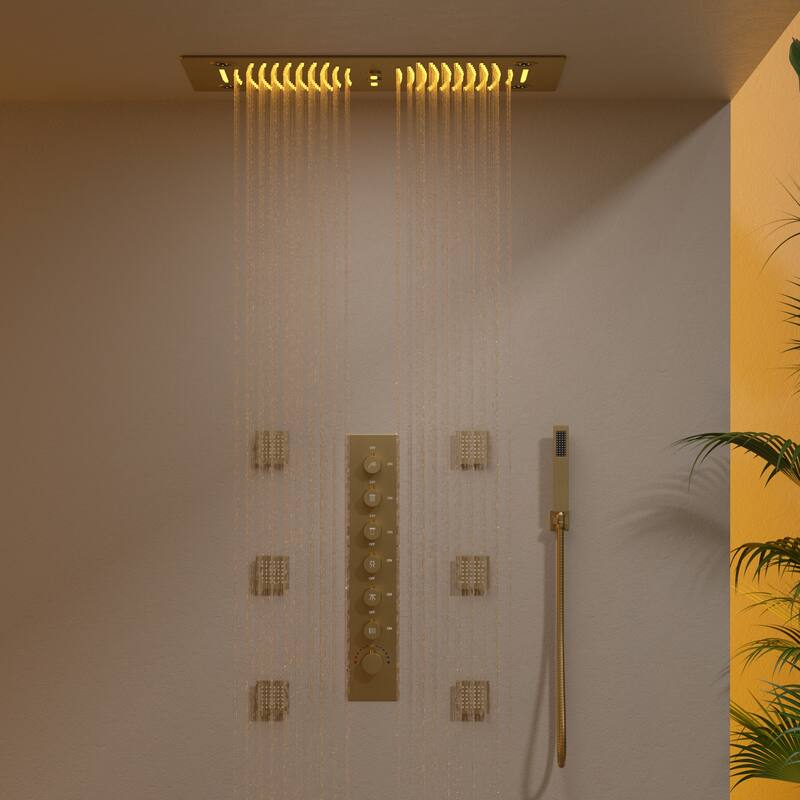 GRANDJOY LED Shower System 28" Luxury Shower Head with 6 Body Jets - Brushed Gold