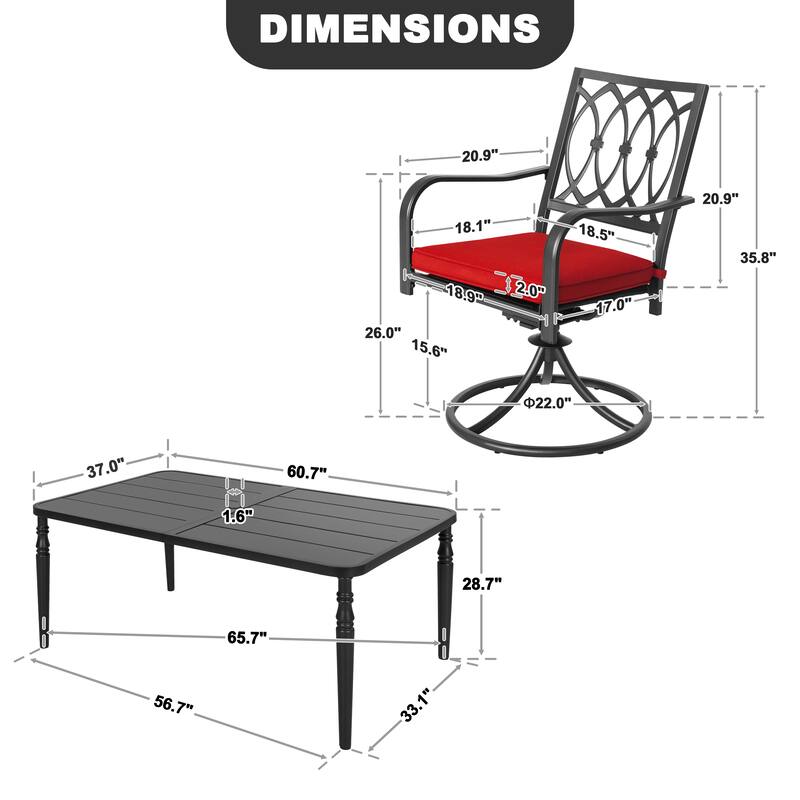 Metal Patio Dining Set with Umbrella Hole, Swivel Chairs with Cushions