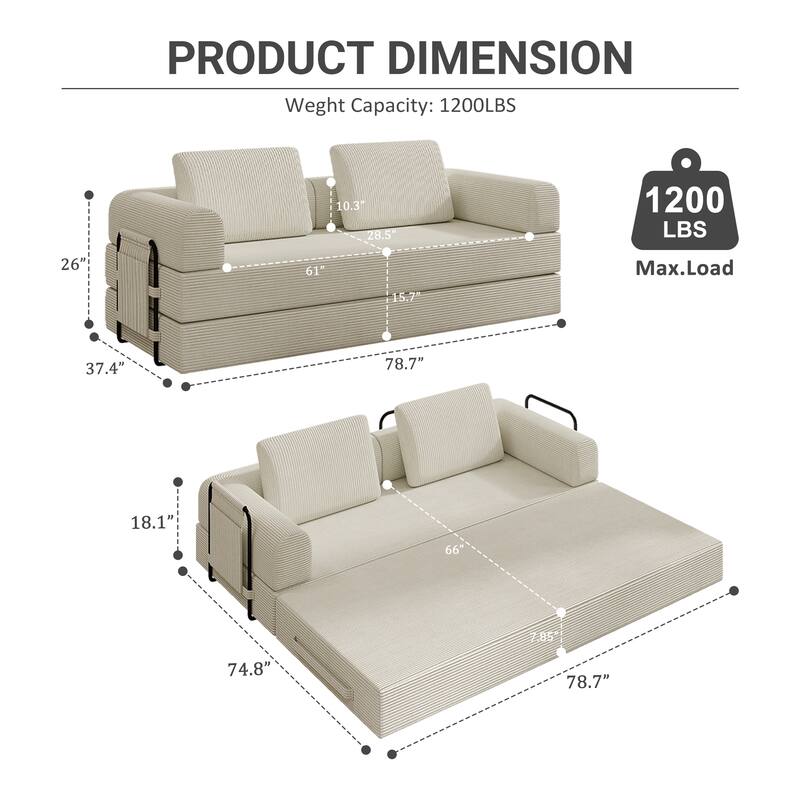 Convertible Sleeper Sofa Bed with Cylindrical Pillow - Corduroy Folding Mattress Couch with Fixed-Shape Frame