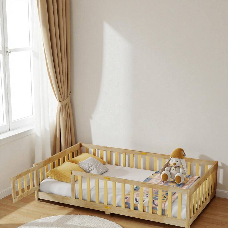 Twin Size Rubber Wood Floor Bed with Fence and Door, Montessori Platform Bed with Safety Guardrails for Kids - Natural - Twin
