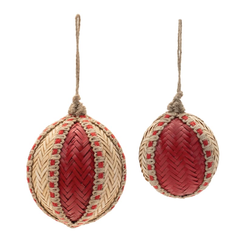 Woven Bamboo Christmas Ball Ornaments - 4" - Red and Beige - 4ct