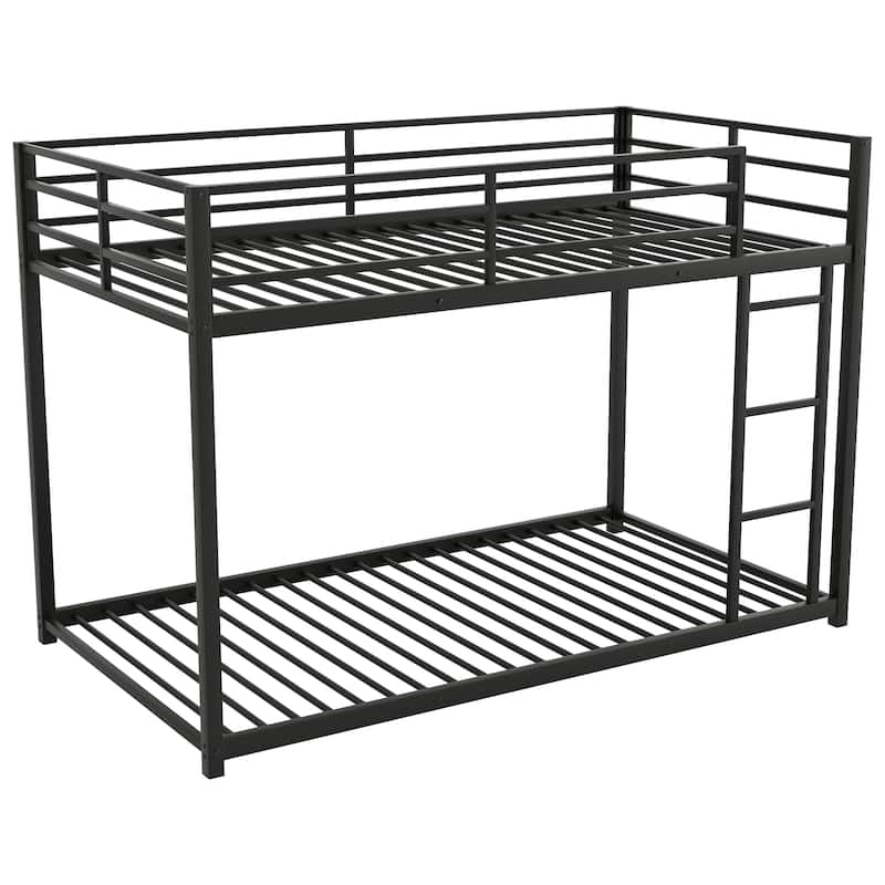 Twin over Twin Metal Bunk Bed with Ladder, Low Design, Black