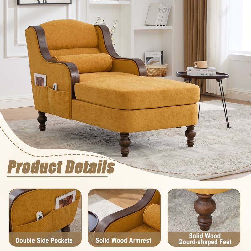 HOMEFUN Chenille Upholstered Wood Frame Oversized Chaise Lounge Single Sofa Bed with Side Pocket for Living Room,Bedroom