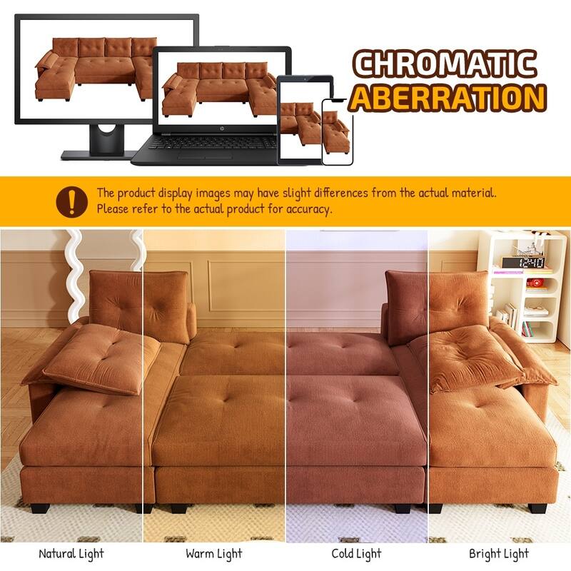 104.7" U-Shaped Sleeper Sofa, Convertible Sectional Couch with Pull-Out Bed, Removable Armrests, USB Ports & Chaise Lounge