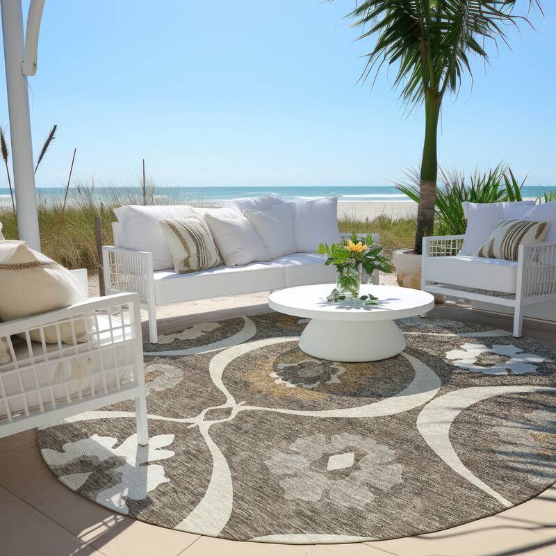 Machine Washable Indoor/ Outdoor Chantille Floral Geo Rug - Brown - 8' x 8'
