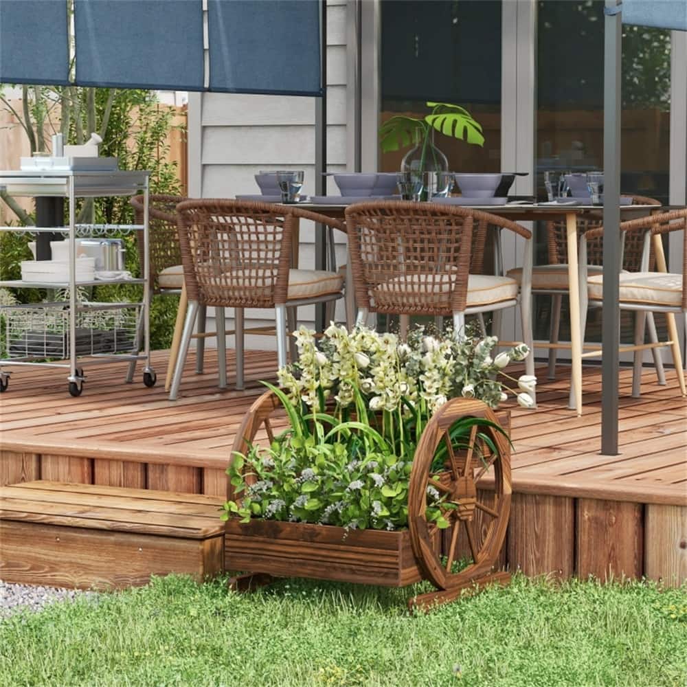 3-Tier Wooden Raised Garden Bed with Vintage Wheel Design - 24.5" L x 24" W x 22.5" H
