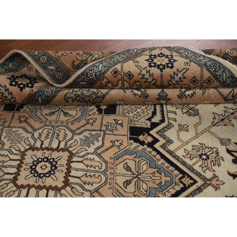 Hand Knotted Oriental 100% Wool Carpet Traditional Medallion Beige & Ivories Heriz (serapi) Area Rug - 9' 7'' X 6' 5''