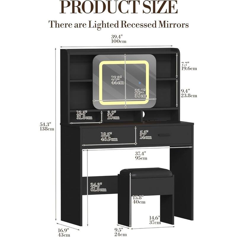 2 Drawer Vanity Desk Makeup Table with Charging Station, Storage Shelves