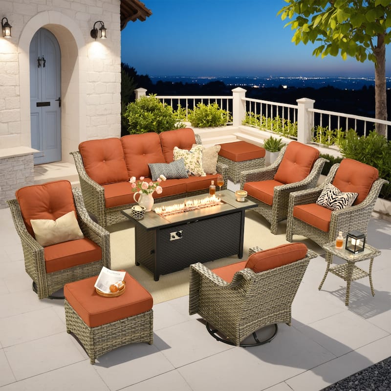 OVIOS 9 Pieces Outdoor Swivel Chairs Set with 54" Fire Table​