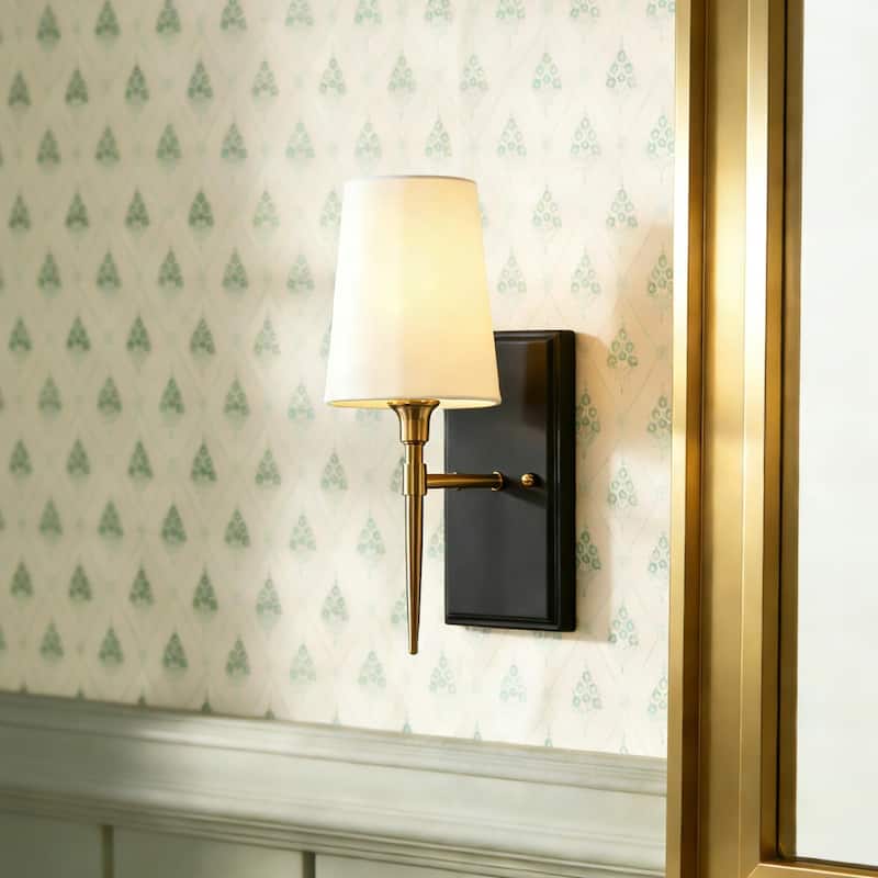Modern Rustic Black Gold 1-Light Wall Sconces Fabric Flared Shade Bathroom Vanity Lights - 4.7" L x 6" W x 12.5" H