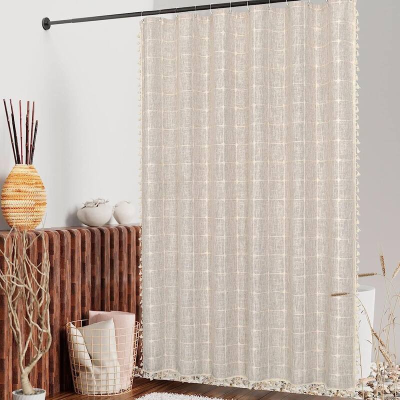 Boho Farmhouse Shower Curtain Set Modern Cotton Linen Fabric Cloth