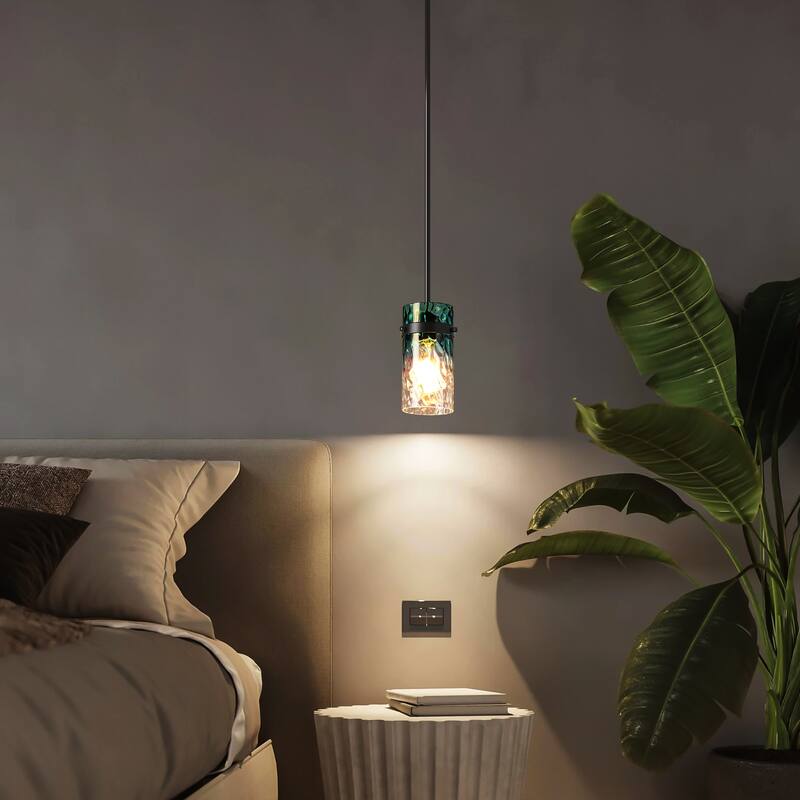 1/3-Light Coastal Matte Black Adjustable Pendant Light with Gradient Blue Hammered Cylinder Glass for Kitchen Island