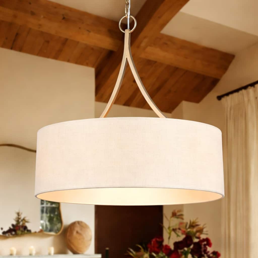Modern 3-Light Gold Drum Chandelier Fabric Shade Pendant Lights for Dining Room - 17.5" D x 19" H