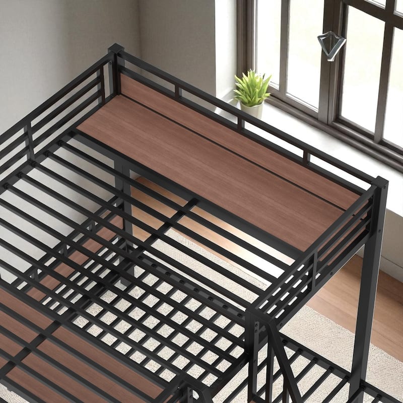 Twin/Queen over Twin over Twin Metal Triple Bunk Bed with Storage Shelves & Built-in Stairs, Black Heavy Duty Frame