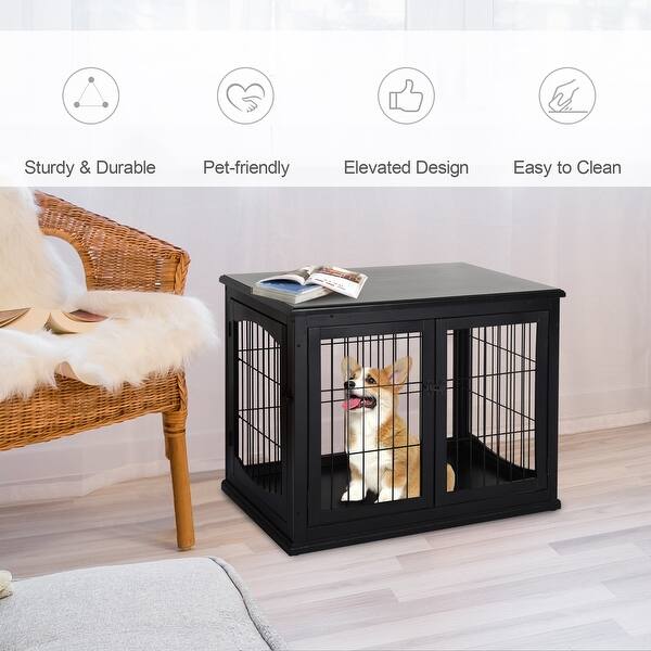 Shop Pawhut 26 Wooden Decorative Dog Cage Pet Crate Kennel With Double Door Entrance A Simple Modern Design Overstock 31662549