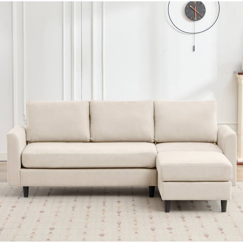 Snow Velvet Sectional Sofa - 3 Seats with 1 Ottoman - Beige