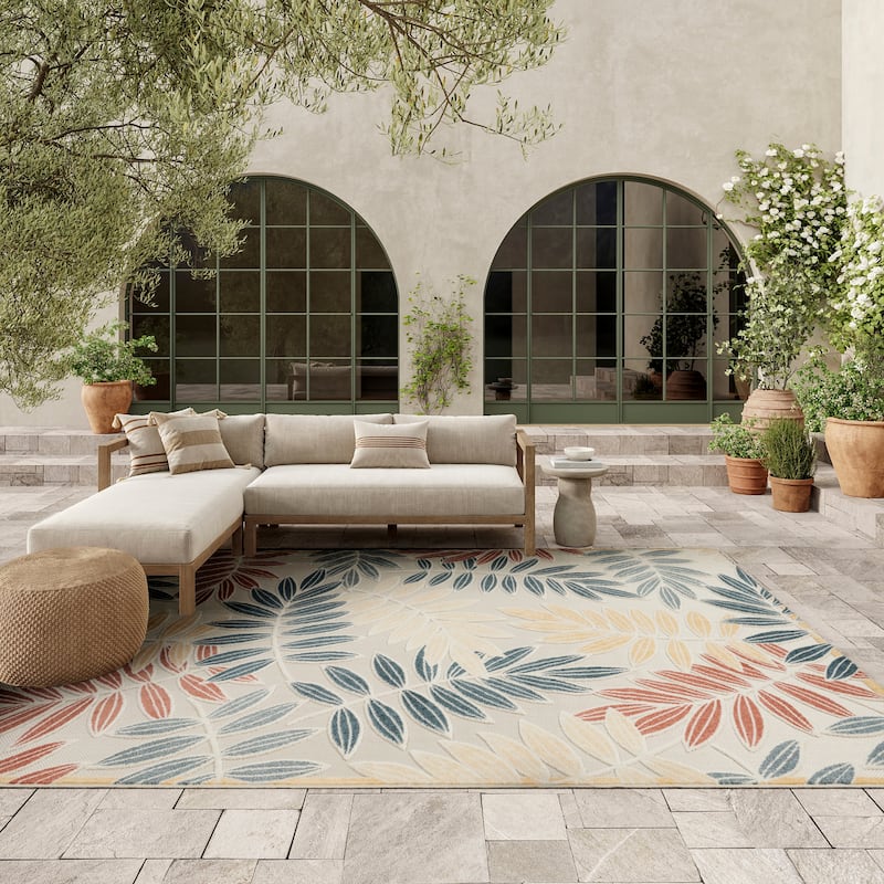 Nourison Aloha Leaf Print Vibrant Indoor/Outdoor Area Rug - 7'10" x 10'6" - Ivory/Blue