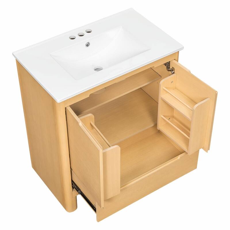 30 Inch Modern Bathroom Vanity with Ceramic Sink, Natural Wood Grain Cabinet, Solid Wood Frame